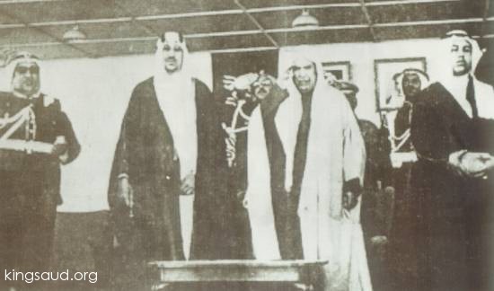 King Saud with Shaikh Abdallah Al Salem Al Sabah Amier of Kwait during his visit to Riyad. Al Rawdah Palace