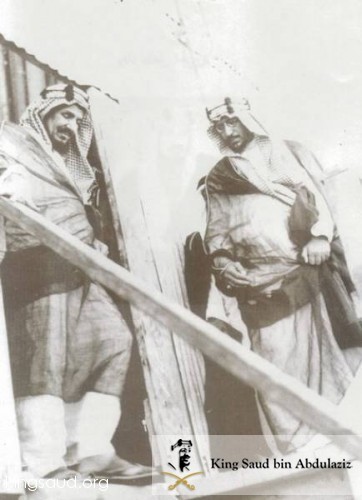King Abdulaziz with his son Prince Saud inspecting an oil drilling rag in Ras Tanura. The Eastern Province - 24th April 1939
