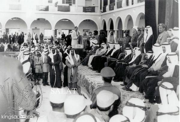 King / Saud with Sheikh Ahmed bin Ali Al-Thani and Sheikh Khalifa bin Hamad Al Thani and sees Prince Mohammed bin Saud Al Kabeer and Prince Majed bin Saud during his visit to Qatar 1959