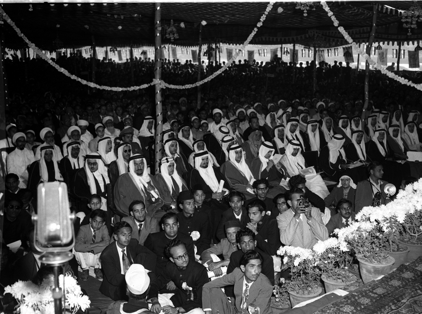 The visit of H.M. King Saud Bin Abdulaziz Al Saud of Saudi Arabia to India, November, December, 1955.  A view of the distinguished visitors who were present at a special convocation held at the Muslim University Aligarh to confer the degree of the Doctor 