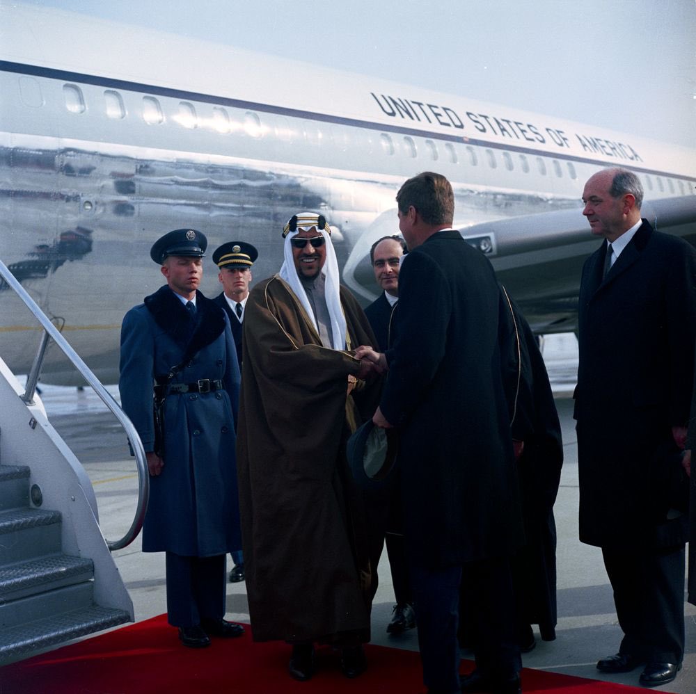 king Saud is greeted by president Kennedy, upon his arrival at Maiami Airport. |Shaikh Jamal Al Hussein