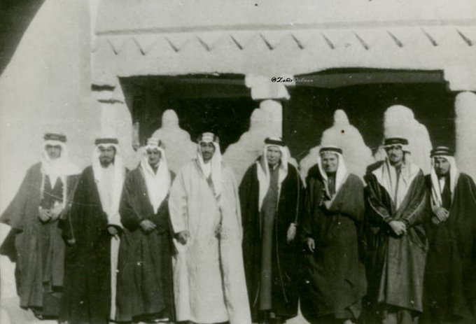 From right to left: Tawfiq Hamza, Gerald Gaury, Fuad Hamza, Sir Andrew Ryan, Prince Saud, Prince Faisal , Prince Muhammad , Prince Khalid