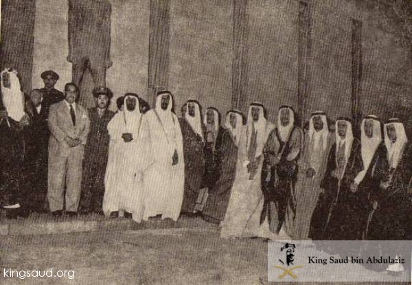Crown Prince Saud during his visit to the House of Antiquities in Egypt with his brothers Prince Abdullah, Prince Nayef, Prince Bandar, Prince Nasser, Prince Faisal bin Turki and Prince Mohammed bin Saud al-Kabeer 1952