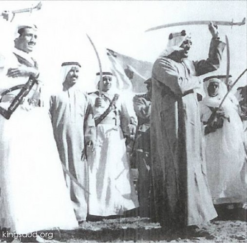 King Saud performing AL Ardah with prince salman Bin Abdulaziz and prince Saad Bin Saud Bin Adbdalaziz