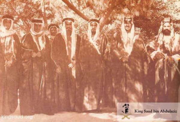 Crown Prince Saud with Sheikh Hamad bin Isa Al Khalifa, Governor of Bahrain and with Prince Mohammed and Prince Talal in 1939