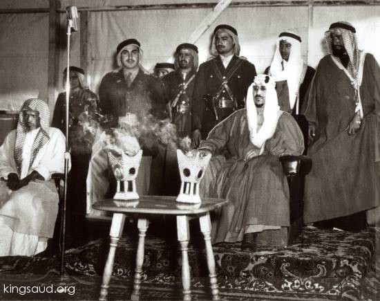 King Saud in Dhahran with Saud bin Jlewi and Abdullah Bin Saud