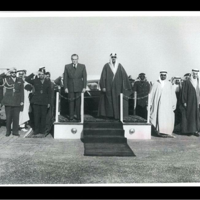 King Saud and President Camille Chamoun Riyadh and on his left Abdulrahman Al-Tabishi and Prince Salman and on his right Prince Fahd Al-Farhan