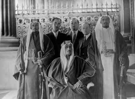 Crown Prince Saud with his companions: Abdulaziz Al Rifai and Saleh Al Ali Al Salem, Dr. Midhat Sheikh Al-Ardh and Al-Zarkali - 1935