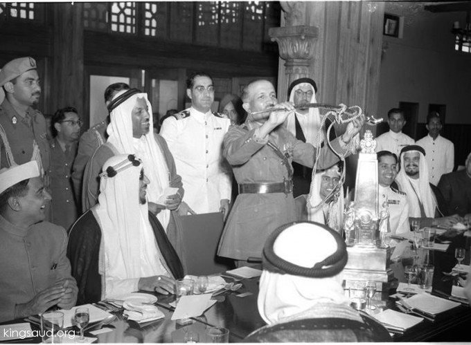 The visit of H.M. King Saud to India, , 1955-1956. Photo Shows Major General Habibulla, Commandant of the National Defence Academy Khadakvasla, receiving the gift of golden sword from H.M. the King of Saudi Arabia, when His Majesty visited the National De