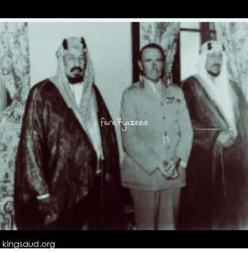 Crown Prince Saud with his Father King Abdulaziz , and an Aramco official in 9/11/1953