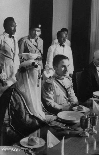 King Saud and King Hussein Bin Talal of Jordan at a dinner in 1373