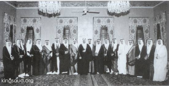 King Saud and his sons after the death of King Abdul Aziz and the pledge of homage to him as king at the country and seen on the right, Crown Prince Faisal, and Prince Nasir, Prince Faisal bin Turki first, a close adviser to the king and on his left, Prin