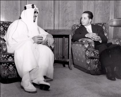 King Saud with King Faisal of Iraq in the Red Palace during his visit to the Kingdom in 1955