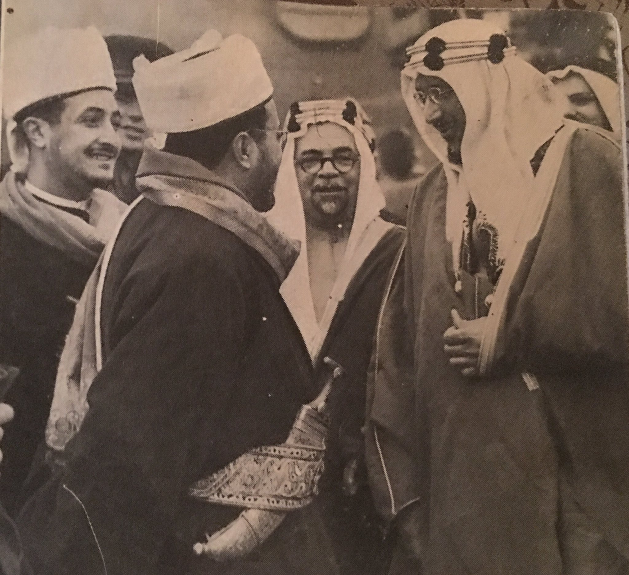 king saud speaks to BBC in1948,left,Sir Anthony Eden,right HafizWahba.prince Seif Alisslam Abdullah greeting him