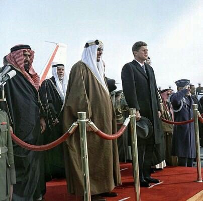 King Saud with President John F. Kennedy at airport with Prince Abdullah bin Jlwi , Prince Fahad bin Saud , Janal Al-Husseini , Abdullah Al-Sadoon