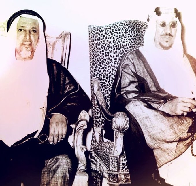 King Saud bin Abdulaziz Al Saud with Sheikh Ali bin Abdullah Al Thani during his visit to Saudi Arabia, Crown Prince and Prince Faisal bin Abdul Aziz during Hajj 1955