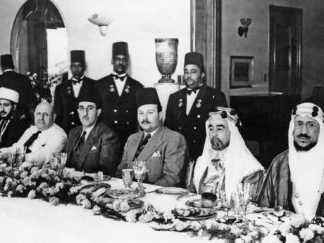 The first Arab Summit Conference: Prince Al-Bader, King Abdullah, King Farouk, President Shukri Al-Quwatli, President Bishara Al-Khouri and Crown Prince Saud, May 28th 1946