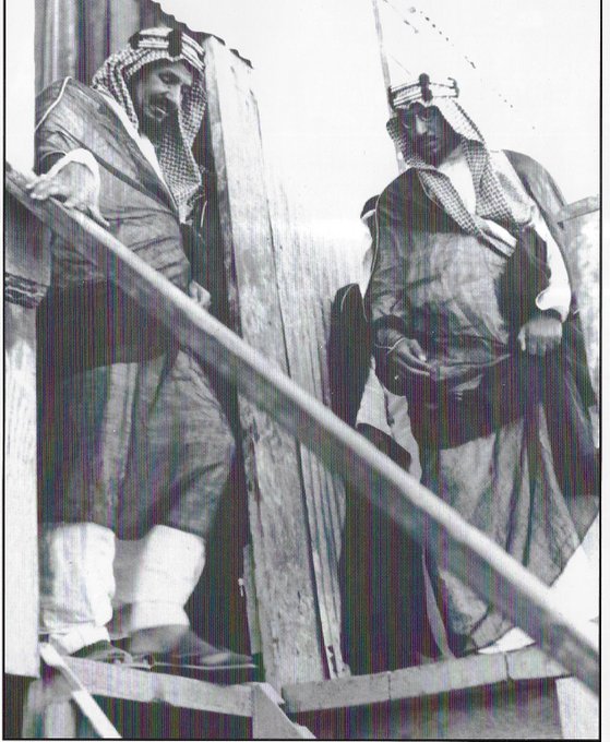 Crown Prince Saud at Ras Tanura on April 27, 1939. This pic depicts the inspection of the first oil rig to be used to excavate oil in the Kingdom, the beginning of Saudi Arabias climb to the leadership of international oil production 