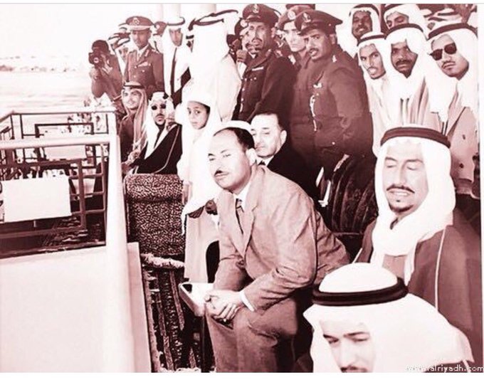 King Saud, King Hussein, Prince Mohammed bin Saud Al-Kabir and the sons of King Saud Mohammed, Majid, Badr and Mash'hour watching a match in Al-Malaz - 1958