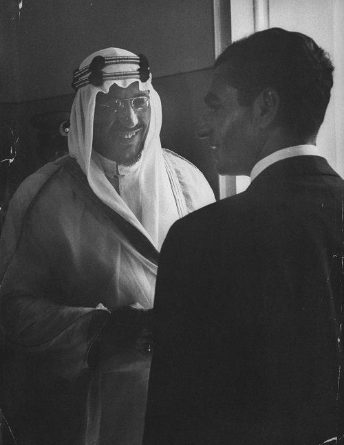 King Saud greeting Shah Mohamed Reza with a smile during his visit. (Photo by James WhitmoreTime Life PicturesGetty Images)