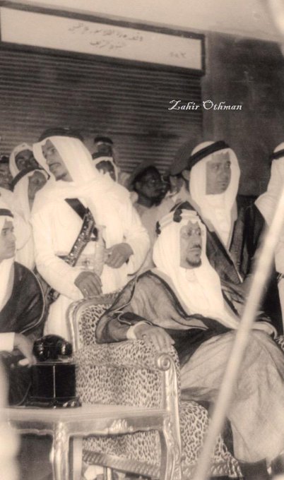 King Saud wirh Abdul Aziz Bin Abdul Aziz bin Shalhoub and his son Prince Mohammed on his right at the opening of the expansion of the Prophet's Mosque with the city's endowments