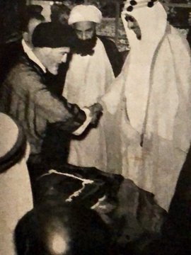 King Saud greeting an Iranian Mula who came to welcome King Saud