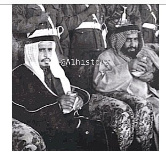 Prince Saud bin Abdullah bin Jelewi and Emir of Qatar Ahmed bin Ali Al Thani in Dammam to visit King Saud 27-1-1961