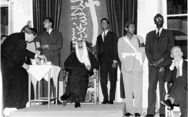King Saud with Prince Thamer Bin Saud, Bakr Younis and Col. Ali bin Radaan Al-Mzewi - Budenheim 1959