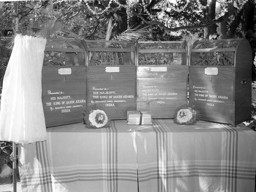 The visit of H.M. King Saud bin Abdulaziz Al Saud of Saudi Arabia to India, November, December, 1955.  A view of the gifts, which were presented to H.M. the King Saud at the Banaras University at Banaras on December 4, 1955. Photo Division