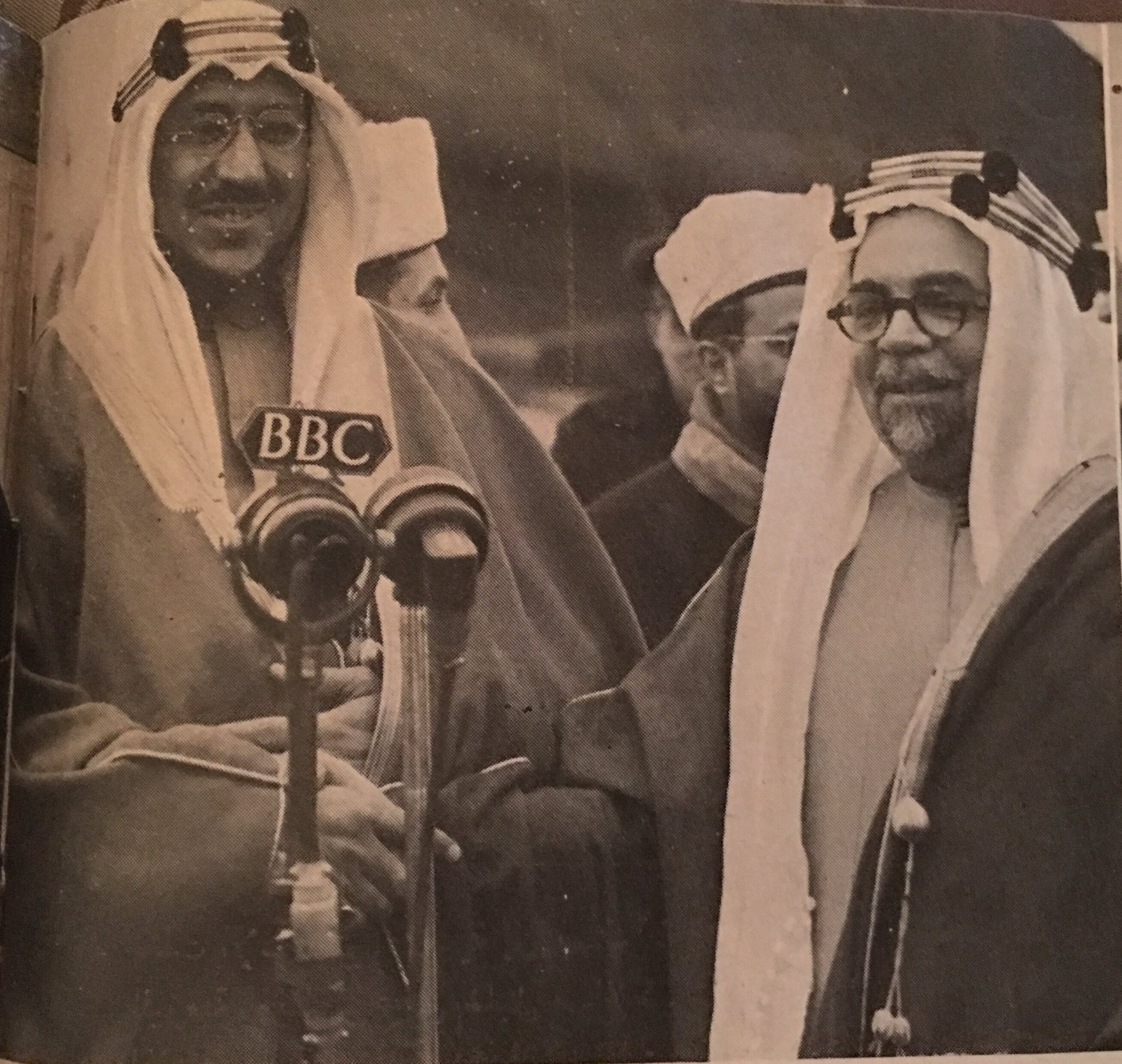 king saud speaks to #BBC in1948,left,Sir Anthony Eden,right HafizWahba.prince Seif Alisslam Abdullah greeting him