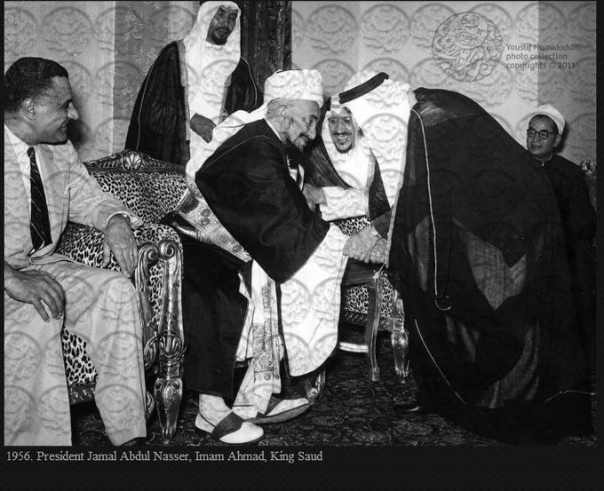 King Saud and Imam Ahmed Hamidaddin, with President Abdelnasser and Abdul Rahman Al-Tabishi in Riyadh during the signing of the tripartite alliance - 1956