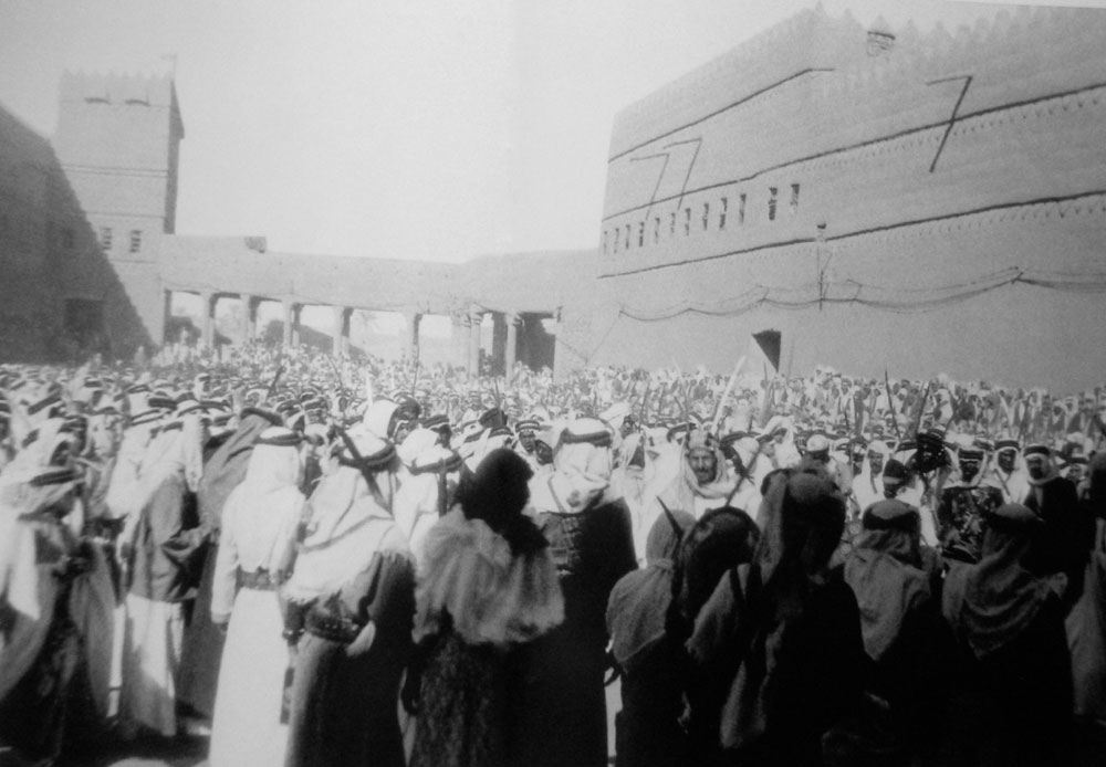King Abdul Aziz and Crown Prince Saud during the Ardha with Family members and Other dignitaries after Eid prayers 1931