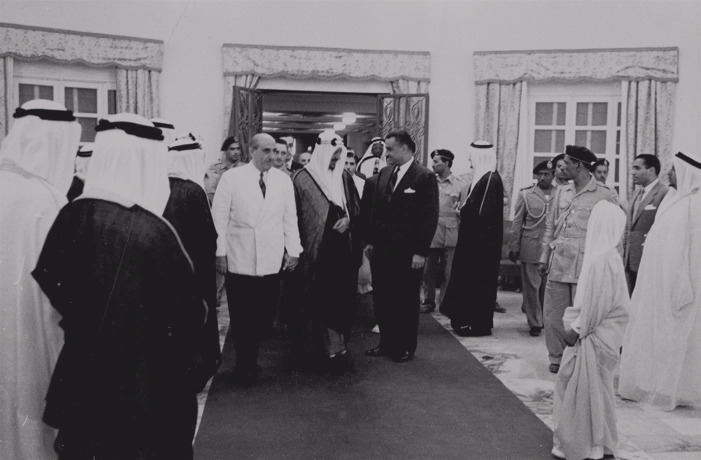 King Saud with President Jamal Abdulnasser of Egypt and President Shukri Al-Qotli of Syria in the Red Palace during their visit to The Kingdom in 1955