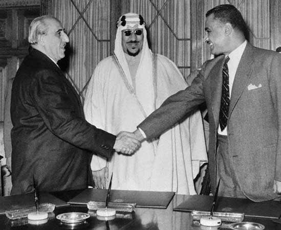 King Saud with President Jamal Abdulnaser and President Shokri alqotle in Dahran