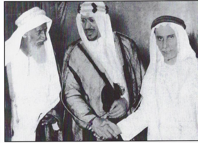 king Saud with Prince Saud Al Kabir (on his right), and His uncle Prince Abdul Rahman bin Abul Rahman (on his left)