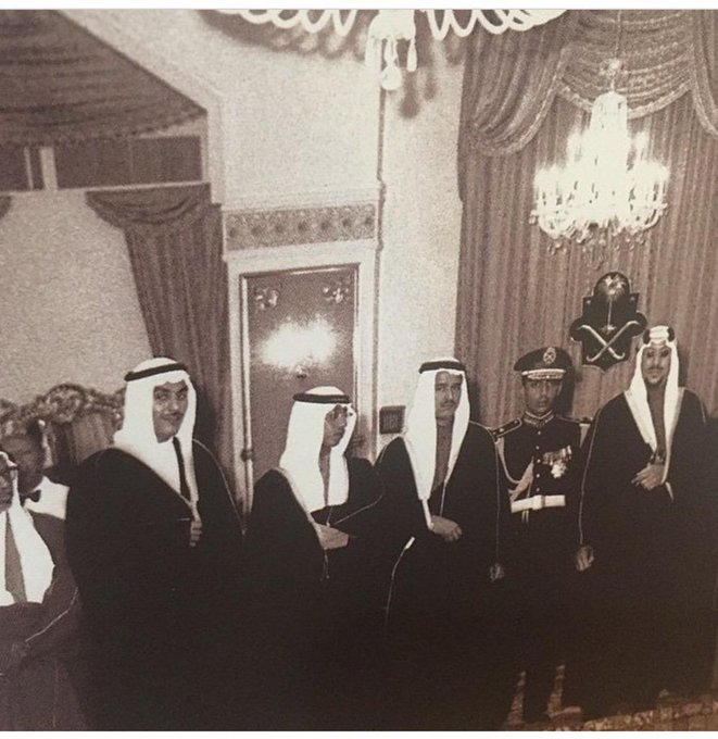 King Saud and his sons, the Prince Mohammad , Prince Badr and Prince Khalid in the Royal Court