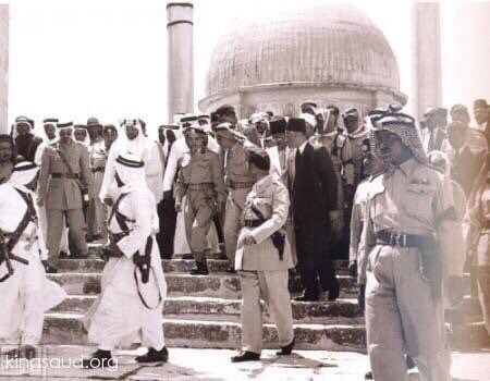 King Saud and King Hussein of Jordan visit the Dome of the Rock , Abdel Moneim Aqeel is also seen