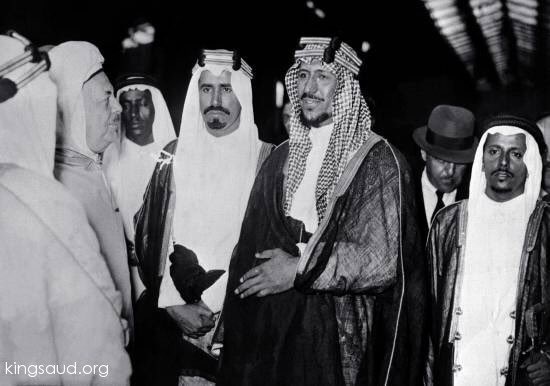 Crown Prince Saud with Prince Mohammed bin Abdul Aziz and King of Morocco, Moulay Youssef, during his visit to Britain in 1956