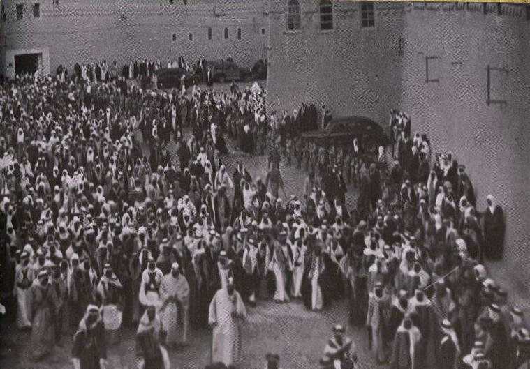 King Abdulaziz and Crown Prince Saud bin Abdulaziz,, returning from Friday prayers  - Riyadh 1354 AH (1935 AD)