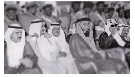 King Saud and King Salman with Prince Abdulaziz bin Musaed, Prince Mohammed bin Saud, Prince Mansour bin Saud, and Prince Abdullah bin Saud