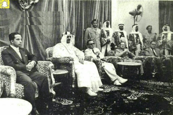 King Saud with the Custodian of the Throne King Faisal of Iraq during his visit to the Kingdom