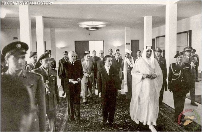 King Saud btween President Camile Chamoun of Lebanon (right), President Shukri Al Quatli of Syria (left), King Hussein
