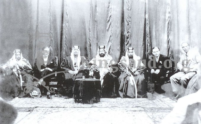 Crown Prince Saud with Sheikh Hamad bin Isa Al Khalifa, Emir of Bahrain. 1356 AH - 1937 AD