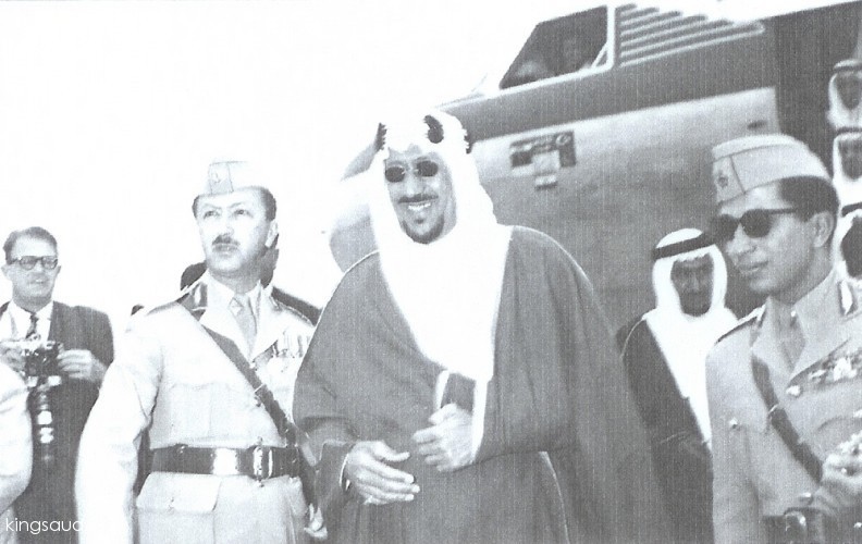 King Saud on an official visit to Bagdad, at his right, King Faisal the second of Iraq, and to his left