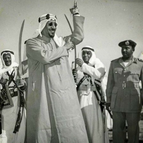 King Saud and his second son Prince Mussaed Undersecretary of the Ministry of Defense and Aviation and his fifth son Prince Saad, head of the National Guard