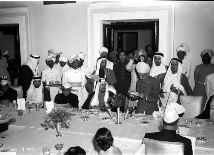  The visit of H.M. King Saud Bin Abdulaziz Al Saud of Saudi Arabia to India, November, December, 1955.  H.E.H. the Nizam, Rajpramukh of Hyderabad, welcoming H.M. the King Saud at Banquet held in H. Majesty’s honour at Shahmanzil, Hyderabad on December 5, 