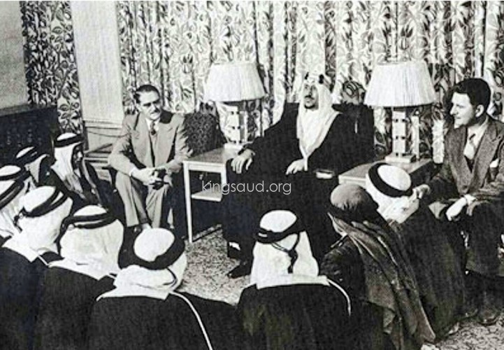 King Saud during a meeting with a number of Saudi teachers before leaving for America to teach the new Aramco staff Arabic language