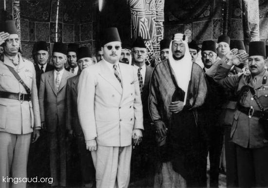 Crown Prince Saud with King Farouk of Egypt in Anshass to participate in the first Arab summit 