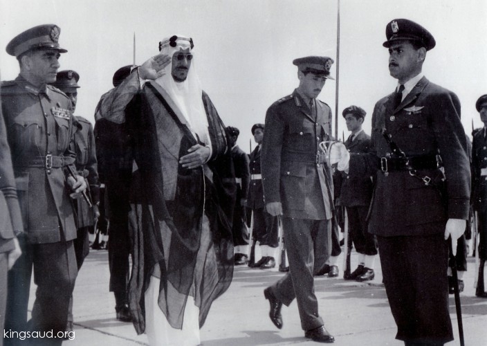 King Saud on his on his arrival at Cairo Airport. He is received by president Mohammad Naguib