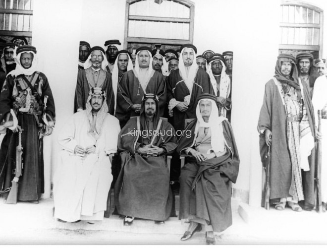 Crown Prince Saud and his brother Prince Khaled with the ruler of Kuwait Sheikh Ahmad Al-Jaber, Izzat Jaafar, Sheikh Mubarak Al-Hamad and Sultan Al-Kulaib - 1942